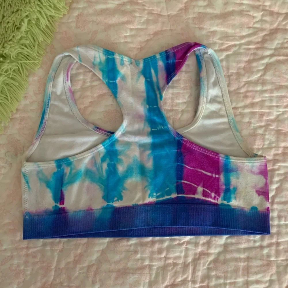 Justice Sports Bra Girls Blue Purple White Tie Dye Racer Back Rhinestone